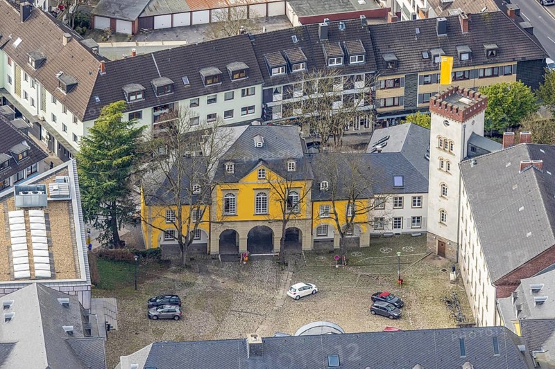 Aerial view, catholic church Basilica St. Ludgerus, Mensa Campus Folkwang, Werden, Essen, Ruhr area, North Rhine-Westphalia, Germany, place of worship, DE, Europe, religious community, place of worship, holy place, church, parish, denomination, aerial view, aerial photography, aerial photography, religion, religious site, overview, bird's eye view, birds-eyes view, overview