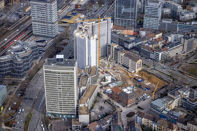 Aerial view, demolition of the Ypsilon-Haus of the RWE headquarters Essen in Huyssenallee, planned new building for office campus, Südviertel, Essen, Ruhr area, North Rhine-Westphalia, Germany, demolition work, construction work, construction area, construction site, construction project, construction site, office complex, DE, energy company, Europe, aerial view, aerial photography, aerial photography, overview, bird's-eye view, birds-eyes view, overview