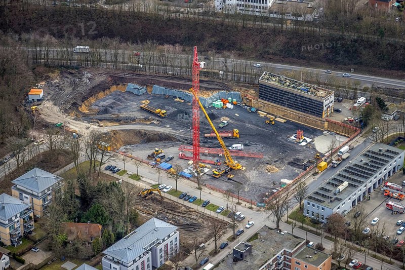 Aerial view, construction site, new building project residential development on the site of the Paas haulage company, formerly part of Langenbrahm colliery, Ursulastrasse corner Manfredstrasse, Essen-Rüttenscheid, Essen, Ruhr area, North Rhine-Westphalia, Germany, construction, construction crane, construction project, DE, Europe, aerial view, aerial photography, aerial photography, overview, bird's-eye view, overview