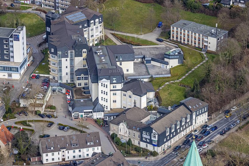 Aerial view, St. Josef Hospital Essen-Werden, Werden, Essen, Ruhr area, North Rhine-Westphalia, Germany, DE, Europe, healthcare, hospital, clinic, clinic centre, hospital, aerial photograph, aerial photography, aerial photography, medical facility, medical assistance, emergency service, overview, bird's eye view, overview, medical care