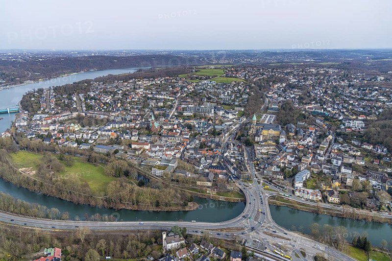 Aerial view, Brehminsel and Ruhr bridge over the river Ruhr, Werden, Essen, Ruhr area, North Rhine-Westphalia, Germany, bridge, DE, Europe, aerial view, aerial photography, aerial photography, Ruhrtalstraße, overview, bird's-eye view, birds-eyes view, overview