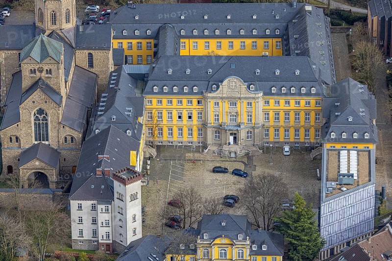 Aerial view, catholic church basilica St. Ludgerus, Werden, Essen, Ruhr area, North Rhine-Westphalia, Germany, place of worship, DE, Europe, religious community, place of worship, holy place, church, parish, denomination, aerial view, aerial photography, aerial photography, religion, religious site, overview, bird's-eye view, overview