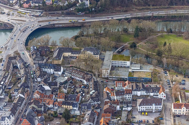 Aerial view, park and sports field in Löwental, Ruhrtalstraße with Ruhr bridge over the river Ruhr, Werden, Essen, Ruhr area, North Rhine-Westphalia, Germany, bridge, DE, Europe, aerial view, aerial photography, aerial photography, overview, bird's eye view, birds-eyes view, overview