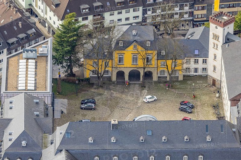 Aerial view, catholic church Basilica St. Ludgerus, Mensa Campus Folkwang, Werden, Essen, Ruhr area, North Rhine-Westphalia, Germany, place of worship, DE, Europe, religious community, place of worship, holy place, church, parish, denomination, aerial view, aerial photography, aerial photography, religion, religious site, overview, bird's eye view, birds-eyes view, overview