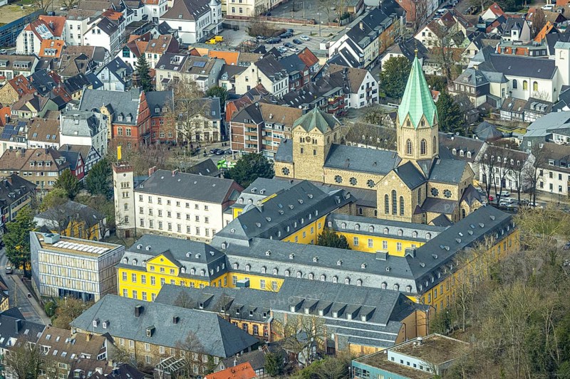 Aerial view, catholic church basilica St. Ludgerus, Werden, Essen, Ruhr area, North Rhine-Westphalia, Germany, place of worship, DE, Europe, religious community, place of worship, holy place, church, parish, denomination, aerial view, aerial photography, aerial photography, religion, religious site, overview, bird's-eye view, overview