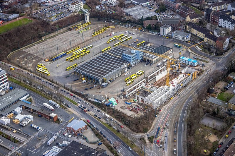 Aerial view, construction site, new hall construction Ruhrbahn depot, Ostviertel, Essen, Ruhr area, North Rhine-Westphalia, Germany, construction work, construction area, construction site, building plots, construction project, construction site, bus station, DE, Europe, aerial view, aerial photography, aerial photography, new construction, tramway, overview, bird's-eye view, overview