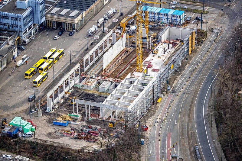 Aerial view, construction site, new hall construction Ruhrbahn depot, Ostviertel, Essen, Ruhr area, North Rhine-Westphalia, Germany, construction work, construction area, construction site, building plots, construction project, construction site, bus station, DE, Europe, aerial view, aerial photography, aerial photography, new construction, tramway, overview, bird's-eye view, overview