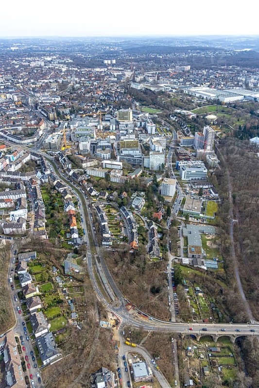 Aerial view, University Hospital Essen, construction site at the building Institute Group 1 (IG1), Mensa Campus Klinikum, Essen-Holsterhausen, Essen, Ruhr area, North Rhine-Westphalia, Germany, construction work, construction area, construction site, building plots, construction measure, construction project, construction site, DE, Europe, LLZ, Teaching and Learning Centre of the Medical Faculty of the University of Duisburg-Essen, aerial view, aerial photography, aerial photography, new building, overview, university hospital, bird's eye view, birds-eyes view, overview