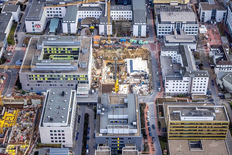 Aerial view, University Hospital Essen, medical centre, construction site, Essen-Holsterhausen, Essen, Ruhr area, North Rhine-Westphalia, Germany, DE, Europe, healthcare, clinic, hospital, aerial view, aerial photography, aerial photography, medical facility, medical aid, overview, university hospital, bird's eye view, birds-eyes view, overview, medical care