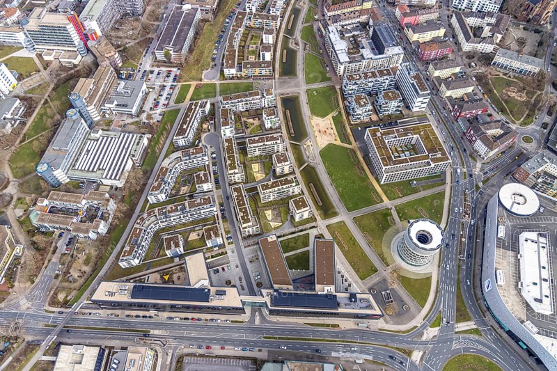 Aerial view, Funke Mediengruppe headquarters, Jakob-Funke-Platz 1, Green Centre Essen, Westviertel, Essen, Ruhr area, North Rhine-Westphalia, Germany, DE, development, Europe, Funke Mediengruppe, aerial view, aerial photography, aerial photography, media house, overview, bird's-eye view, newspaper publisher, birds-eyes view, overview
