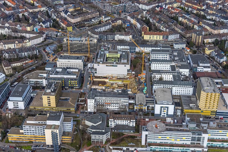 Aerial view, University Hospital Essen, construction site at the building Institute Group 1 (IG1), Mensa Campus Klinikum, Essen-Holsterhausen, Essen, Ruhr area, North Rhine-Westphalia, Germany, construction work, construction area, construction site, building plots, construction measure, construction project, construction site, DE, Europe, LLZ, Teaching and Learning Centre of the Medical Faculty of the University of Duisburg-Essen, aerial view, aerial photography, aerial photography, new building, overview, university hospital, bird's eye view, birds-eyes view, overview