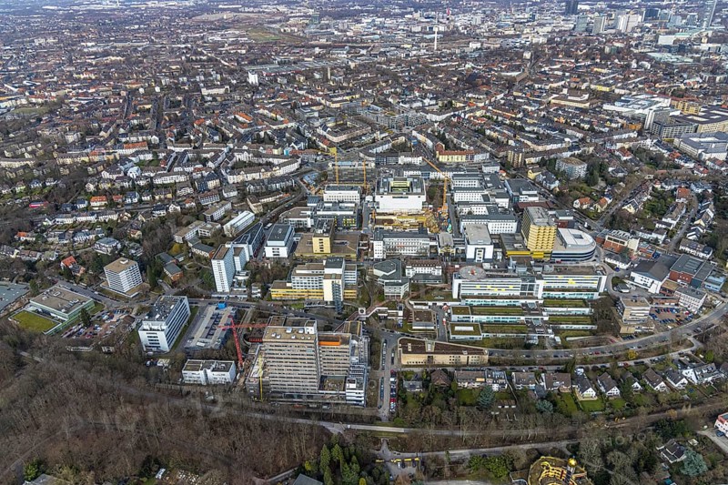 Aerial view, Essen University Hospital, construction site at the Institute Group 1 (IG1) building, canteen on the hospital campus, Essen-Holsterhausen, Essen, Ruhr area, North Rhine-Westphalia, Germany