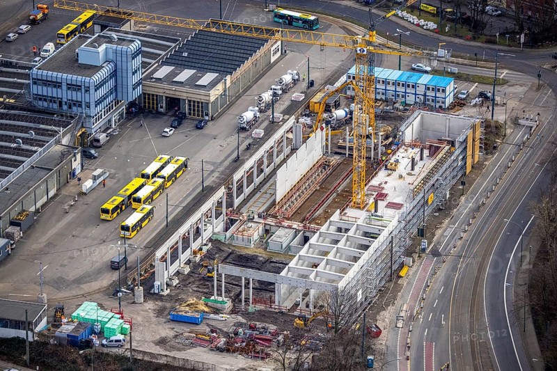Aerial view, construction site, new hall construction Ruhrbahn depot, Ostviertel, Essen, Ruhr area, North Rhine-Westphalia, Germany, construction work, construction area, construction site, building plots, construction project, construction site, bus station, DE, Europe, aerial view, aerial photography, aerial photography, new construction, tramway, overview, bird's-eye view, overview