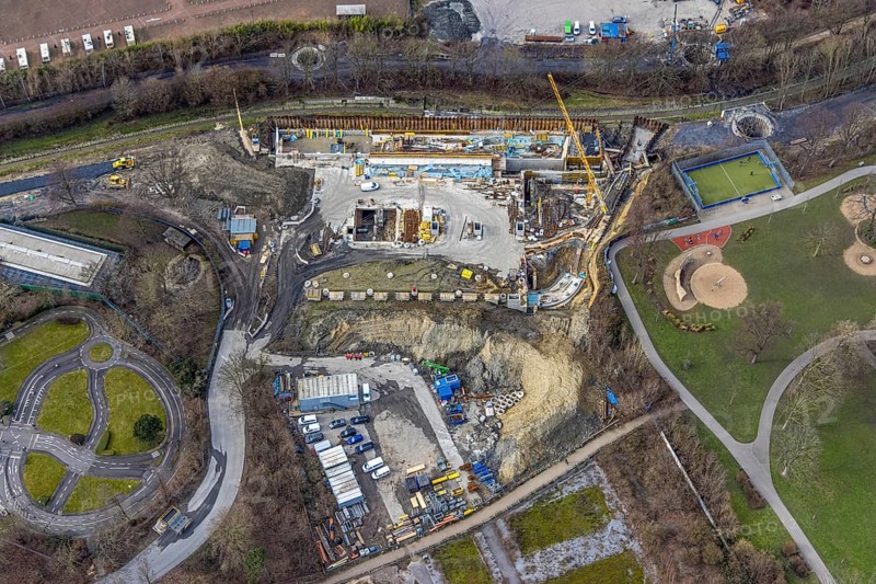 Aerial view, construction site in Nordpark, Nordviertel, Essen, Ruhr area, North Rhine-Westphalia, Germany, construction work, construction area, construction site, building plots, construction project, construction site, Berne, DE, Europe, aerial view, aerial photography, aerial photography, new construction, overview, bird's-eye view, overview