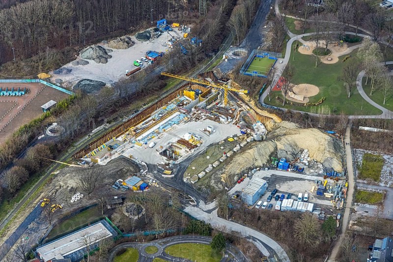 Aerial view, construction site in Nordpark, Nordviertel, Essen, Ruhr area, North Rhine-Westphalia, Germany, Altenbergstraße, construction work, construction area, building plots, construction project, construction site, Berne, DE, Europe, aerial view, aerial photography, aerial photography, new construction, overview, bird's-eye view, overview