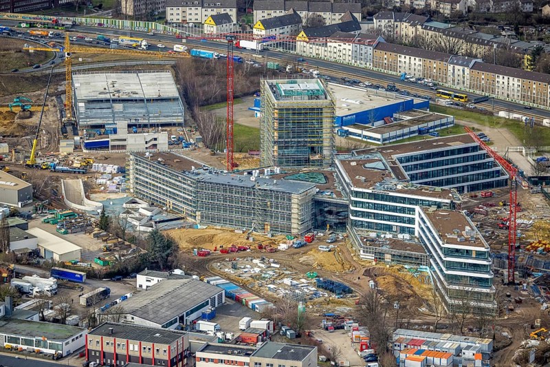 Aerial view, new construction ALDI-Nord Campus, Eckenbergstraße / Am Luftschacht, Essen-Kray, Essen, Ruhr area, North Rhine-Westphalia, Germany, construction work, construction area, building site, building plots, construction crane, construction measure, construction project, construction site, Buderus branch Essen - Bosch Thermotechnik, DE, development, Europe, commercial enterprises, commercial area, commercial park, commercial site, commercial use, industrial site, capacity requirement, aerial view, aerial photography, aerial photography, new construction, overview, bird's-eye view, overview