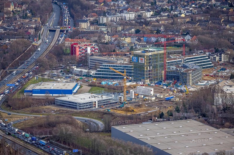Aerial view, new construction ALDI-Nord Campus, Eckenbergstraße / Am Luftschacht, Essen-Kray, Essen, Ruhr area, North Rhine-Westphalia, Germany, construction work, construction area, building site, building plots, construction crane, construction measure, construction project, construction site, Buderus branch Essen - Bosch Thermotechnik, DE, development, Europe, commercial enterprises, commercial area, commercial park, commercial site, commercial use, industrial site, capacity requirement, aerial view, aerial photography, aerial photography, new construction, overview, bird's-eye view, overview