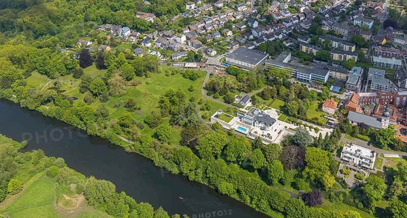 Aerial view, Villa Scheidt am Leinpfad, river Ruhr, Theodor-Heuss-Gymnasium, catholic parish church St. Peter, Kettwig, Essen, Ruhr area, North Rhine-Westphalia, Germany, place of worship, education, educational institution, DE, Europe, religious community, house of worship, grammar school, holy place, church, parish, denomination, educational institute, aerial view, aerial photography, aerial photography, park, religion, religious site, school, cloth factory, overview, villa, bird's-eye view, bird's-eye view, overview