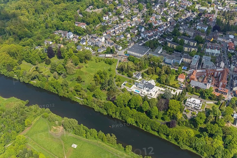 Aerial view, Villa Scheidt am Leinpfad, river Ruhr, Theodor-Heuss-Gymnasium, catholic parish church St. Peter, Kettwig, Essen, Ruhr area, North Rhine-Westphalia, Germany, place of worship, education, educational institution, DE, Europe, religious community, house of worship, grammar school, holy place, church, parish, denomination, educational institute, aerial view, aerial photography, aerial photography, park, religion, religious site, school, cloth factory, overview, villa, bird's-eye view, bird's-eye view, overview