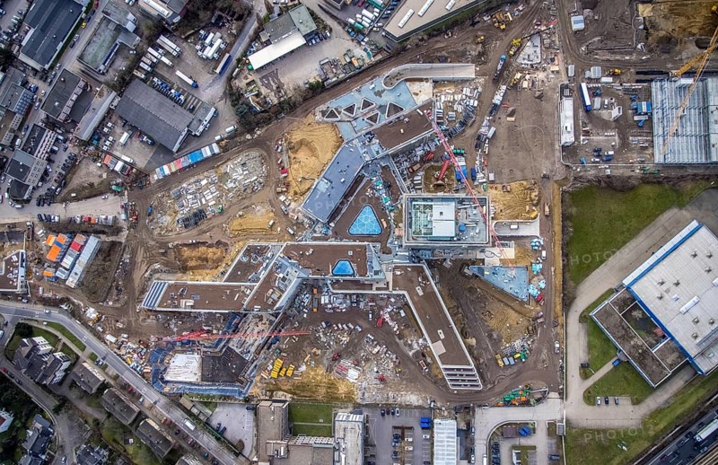 Aerial view, new construction ALDI-Nord Campus, Eckenbergstraße / Am Luftschacht, Essen-Kray, Essen, Ruhr area, North Rhine-Westphalia, Germany, construction work, construction area, building site, building plots, construction crane, construction measure, construction project, construction site, Buderus branch Essen - Bosch Thermotechnik, DE, development, Europe, commercial enterprises, commercial area, commercial park, commercial site, commercial use, industrial site, capacity requirement, aerial view, aerial photography, aerial photography, new construction, overview, bird's-eye view, overview