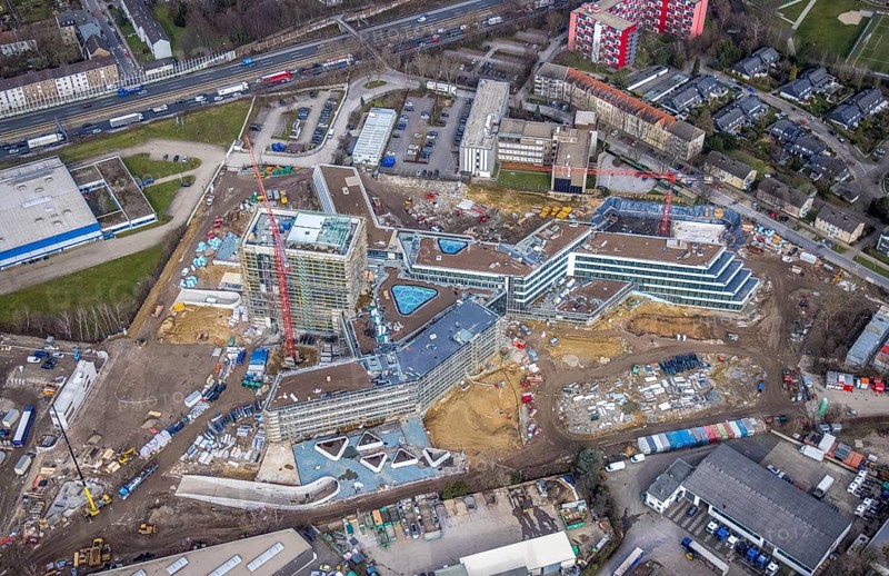 Aerial view, new construction ALDI-Nord Campus, Eckenbergstraße / Am Luftschacht, Essen-Kray, Essen, Ruhr area, North Rhine-Westphalia, Germany, construction work, construction area, building site, building plots, construction crane, construction measure, construction project, construction site, Buderus branch Essen - Bosch Thermotechnik, DE, development, Europe, commercial enterprises, commercial area, commercial park, commercial site, commercial use, industrial site, capacity requirement, aerial view, aerial photography, aerial photography, new construction, overview, bird's-eye view, overview