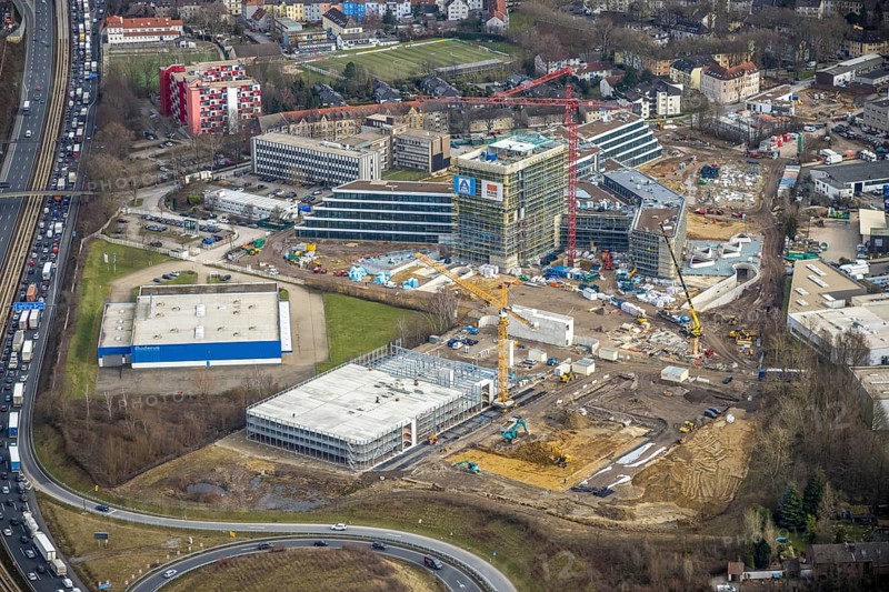 Aerial view, new construction ALDI-Nord Campus, Eckenbergstraße / Am Luftschacht, Essen-Kray, Essen, Ruhr area, North Rhine-Westphalia, Germany, construction work, construction area, building site, building plots, construction crane, construction measure, construction project, construction site, Buderus branch Essen - Bosch Thermotechnik, DE, development, Europe, commercial enterprises, commercial area, commercial park, commercial site, commercial use, industrial site, capacity requirement, aerial view, aerial photography, aerial photography, new construction, overview, bird's-eye view, overview