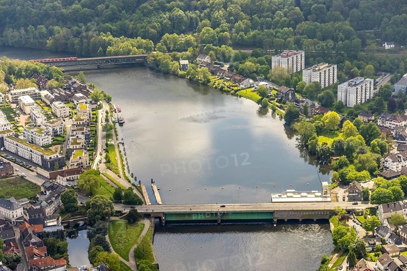 Aerial view, river Ruhr, Kratfwerk and lock at the Ruhr bridge Kettwig and railway bridge Kettwig, Kettwig, Essen, Ruhr area, North Rhine-Westphalia, Germany, bridge, DE, Europe, skyscrapers, aerial view, aerial photography, aerial photography, overview, bird's-eye view, overview