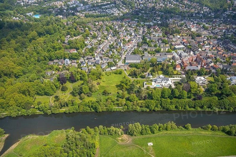 Aerial view, park at the Villa Scheidt on the towpath, river Ruhr, Theodor-Heuss-Gymnasium, catholic parish church St. Peter, Kettwig, Essen, Ruhr area, North Rhine-Westphalia, Germany, place of worship, education, educational institution, DE, Europe, religious community, place of worship, grammar school, holy place, church, parish, denomination, educational institute, aerial view, aerial photography, aerial photography, park, religion, religious site, school, cloth factory, overview, villa, bird's-eye view, bird's-eye view, overview