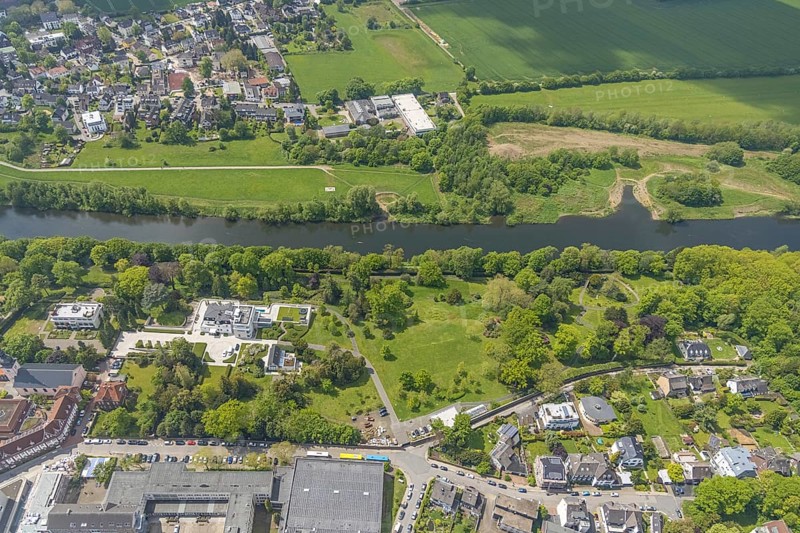 Aerial view, Villa Scheidt am Leinpfad, river Ruhr, Kettwig, Essen, Ruhr area, North Rhine-Westphalia, Germany, DE, Europe, aerial view, aerial photography, aerial photography, park, cloth factory, overview, villa, bird's eye view, birds-eyes view, overview