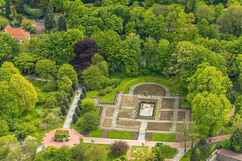 Aerial view, Grugapark, Botanical Garden of the University of Duisburg / Essen, Rose Garden, Essen-Rüttenscheid, Essen, Ruhr area, North Rhine-Westphalia, Germany, Botanical Garden, DE, Europe, garden, aerial view, aerial photography, aerial photography, overview, bird's-eye view, overview
