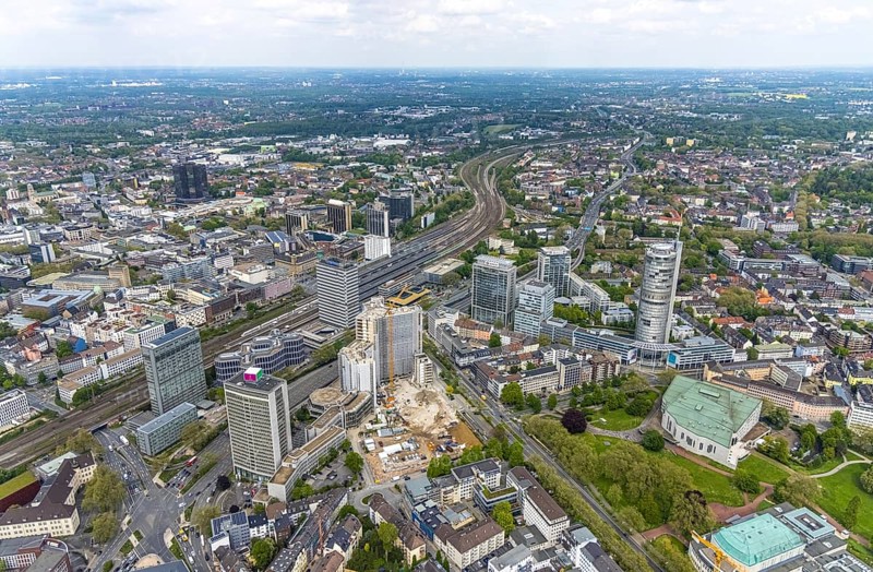 Aerial view, demolition of the Ypsilon-Haus of the RWE headquarters Essen in Huyssenallee, planned new building for office campus, Südviertel, Essen, Ruhr area, North Rhine-Westphalia, Germany, demolition work, construction work, construction area, construction site, construction project, construction site, office complex, DE, energy company, Europe, aerial view, aerial photography, aerial photography, overview, bird's-eye view, birds-eyes view, overview