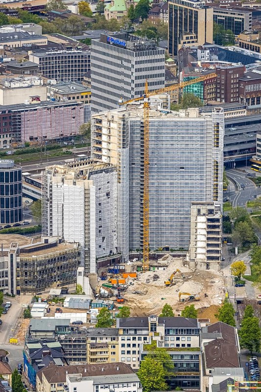 Aerial view, demolition of the Ypsilon-Haus of the RWE headquarters Essen in Huyssenallee, planned new building for office campus, Südviertel, Essen, Ruhr area, North Rhine-Westphalia, Germany, demolition work, construction work, construction area, construction site, construction project, construction site, office complex, DE, energy company, Europe, aerial view, aerial photography, aerial photography, overview, bird's-eye view, birds-eyes view, overview