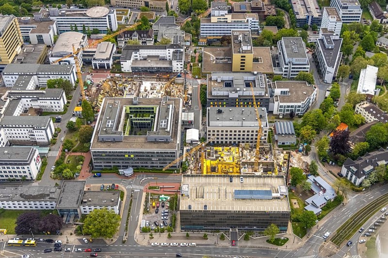 Aerial view, University Hospital Essen, construction site at the building institute group 1, canteen campus hospital, Essen-Holsterhausen, Essen, Ruhr area, North Rhine-Westphalia, Germany, construction work, construction area, construction site, building plots, construction project, construction site, DE, Europe, LLZ, Teaching and Learning Centre of the Medical Faculty of the University of Duisburg-Essen, aerial view, aerial photography, aerial photography, new building, overview, university hospital, bird's-eye view, bird's-eye view, overview