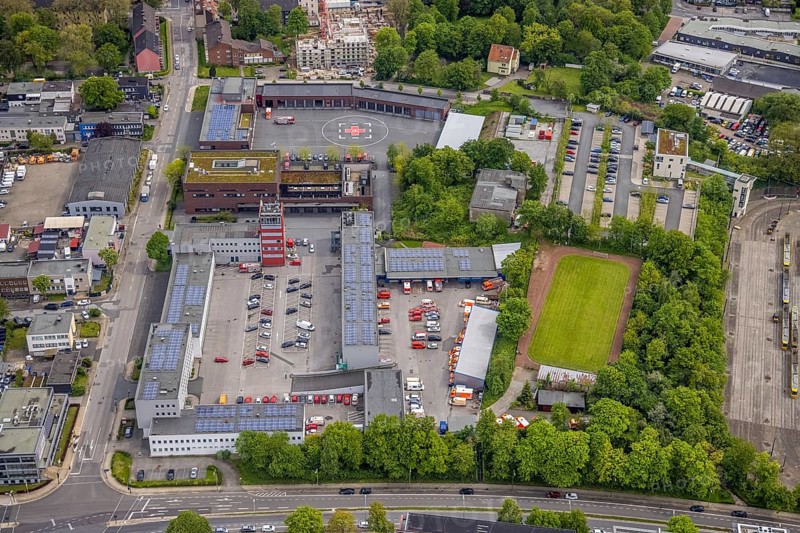 Aerial photo, fire brigade Essen, eastern district, Essen, Ruhr area, North Rhine-Westphalia, Germany, fire fighters, fire protection, DE, Europe, fire station, fire brigade, helipad, aerial photo, aerial photography, aerial photography, photovoltaics, photovoltaic system, rescue station, solar, solar system, solar energy, solar power, overview, bird's-eye view, overview