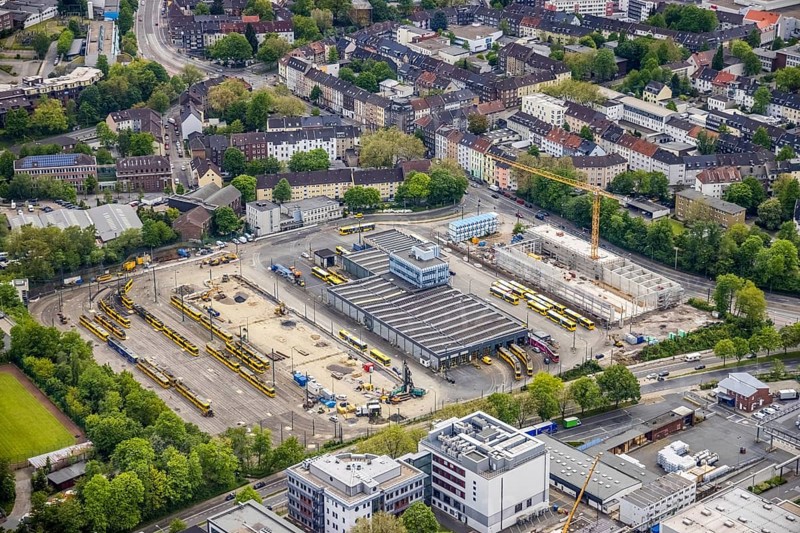 Aerial view, construction site of new hall at Ruhrbahn GmbH depot, Ostviertel, Essen, Ruhr area, North Rhine-Westphalia, Germany, depot, buses, DE, Europe, aerial view, aerial photography, aerial photography, tram, overview, bird's-eye view, overview