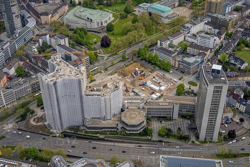 Aerial view, demolition of Ypsilon-Haus of RWE headquarters Essen in Huyssenallee, planned new building for office campus, Südviertel, Essen, Ruhr area, North Rhine-Westphalia, Germany, demolition work, construction work, construction area, construction site, building plots, construction project, construction site, office complex, DE, energy company, Europe, aerial view, aerial photography, aerial photography, overview, bird's eye view, birds-eyes view, overview