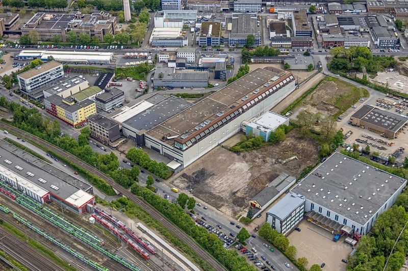 Aerial view, planned logistics park, former printing centre of Funke Mediengruppe, Essen-Holsterhausen, Essen, Ruhr area, North Rhine-Westphalia, Germany, DE, Europe, logistics, logistics service, logistics service provider, logistics provider, logistics centre, aerial view, aerial photography, aerial photography, overview, bird's-eye view, overview