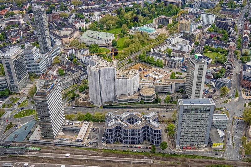 Aerial view, demolition of Ypsilon-Haus of RWE headquarters Essen in Huyssenallee, planned new building for office campus, Südviertel, Essen, Ruhr area, North Rhine-Westphalia, Germany, demolition work, construction work, construction area, construction site, building plots, construction project, construction site, office complex, DE, energy company, Europe, aerial view, aerial photography, aerial photography, overview, bird's eye view, birds-eyes view, overview