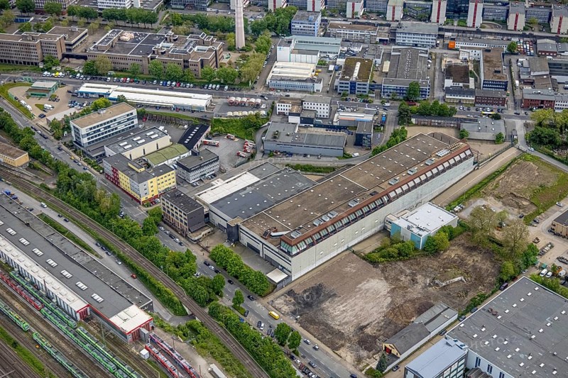 Aerial view, planned logistics park, former printing centre of Funke Mediengruppe, Essen-Holsterhausen, Essen, Ruhr area, North Rhine-Westphalia, Germany, DE, Europe, logistics, logistics service, logistics service provider, logistics provider, logistics centre, aerial view, aerial photography, aerial photography, overview, bird's-eye view, overview
