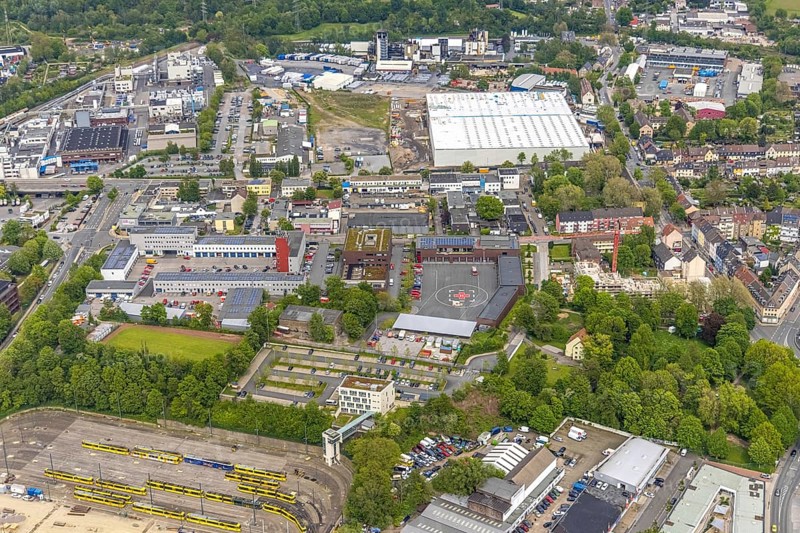 Aerial view, new building and construction site at the corner of Burggrafenstraße and Elisenstraße, Ostviertel, Essen, Ruhr area, North Rhine-Westphalia, Germany, construction work, construction area, construction site, building plots, construction project, construction site, DE, Europe, fire brigade, helipad, aerial view, aerial photography, aerial photography, new building, overview, bird's-eye view, former coal mine, overview