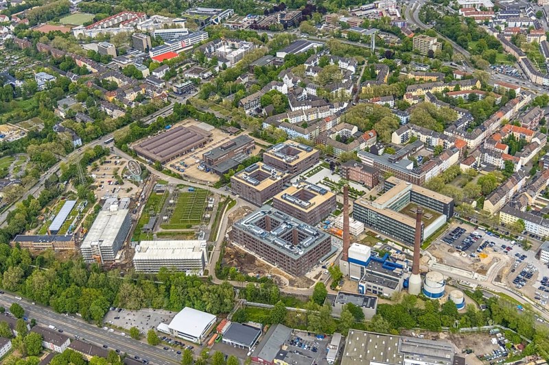 Aerial view, construction site at RWE Campus, Nordviertel, Essen, Ruhr area, North Rhine-Westphalia, Germany, DE, Europe, aerial view, aerial photography, aerial photography, overview, bird's-eye view, overview