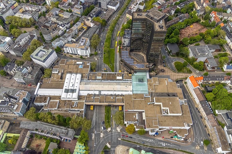 Aerial view, city hall and city hall gallery Essen, city centre, Essen, Ruhr area, North Rhine-Westphalia, Germany, authority, city, DE, shopping centre, shopping markets, shopping mall, Europe, city centre, aerial view, aerial photography, aerial photography, city hall, shopping, shopping centre, city centre, overview, bird's eye view, birds-eyes view, overview