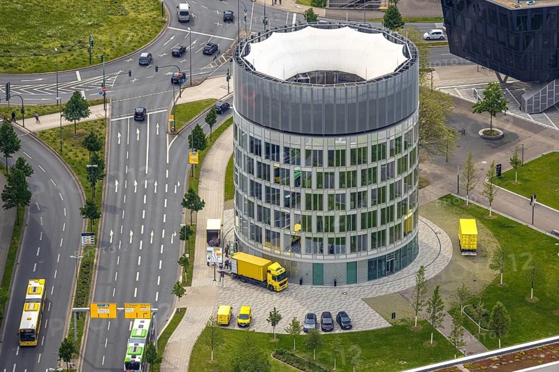Aerial view, Funke Mediengruppe headquarters, Jakob-Funke-Platz 1, Westviertel, Essen, Ruhr area, North Rhine-Westphalia, Germany, DE, development, Europe, Funke Mediengruppe, Grüne Mitte Essen, aerial view, aerial photography, aerial photography, media house, overview, bird's-eye view, newspaper publisher, birds-eyes view, overview