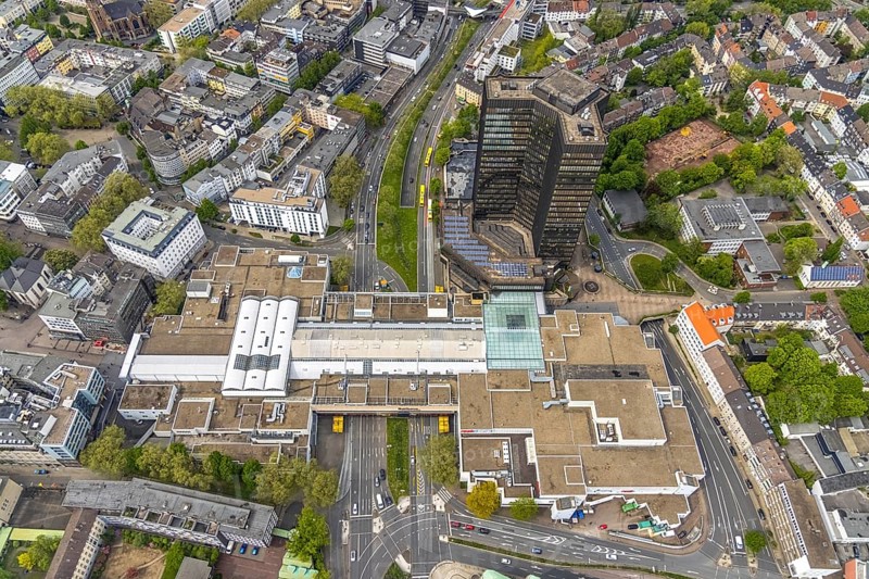 Aerial view, city hall and city hall gallery Essen, city centre, Essen, Ruhr area, North Rhine-Westphalia, Germany, authority, city, DE, shopping centre, shopping markets, shopping mall, Europe, city centre, aerial view, aerial photography, aerial photography, city hall, shopping, shopping centre, city centre, overview, bird's eye view, birds-eyes view, overview