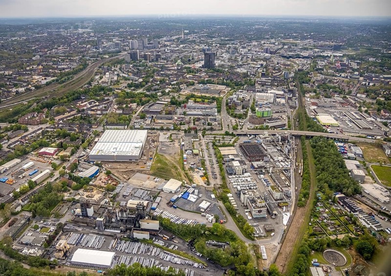 Aerial view, new forwarding building and construction site at the corner of Burggrafenstraße and Elisenstraße, local view with the town hall, eastern quarter, Essen, Ruhr area, North Rhine-Westphalia, Germany, City, DE, Europe, aerial view, aerial photography, aerial photography, townscape, city centre, overview, bird's-eye view, overview
