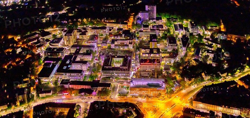 Aerial photograph, University Hospital Essen, Essen-Holsterhausen, Essen, Ruhr area, North Rhine-Westphalia, Germany, outdoor lighting, DE, twilight, Europe, healthcare, hospital, clinic, clinic centre, hospital, light pollution, aerial photograph, aerial photography, aerial photography, medical facility, medical aid, night aerial photograph, streetlights, street lamps, overview, bird's eye view, illuminated, illuminated houses, illuminated house, birds-eyes view, artificial light, night, nightflight, overview, medical care