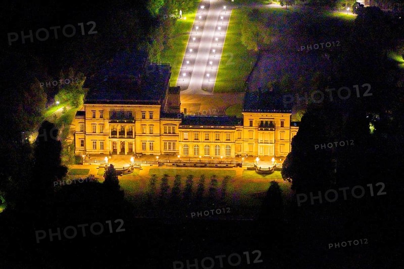 Aerial view, Villa Hügel, Bredeney, Essen, Ruhr area, North Rhine-Westphalia, Germany, outdoor lighting, DE, twilight, Europe, art gallery, light pollution, aerial photograph, aerial photography, aerial photography, night aerial view, park, streetlights, street lamps, overview, villa, bird's eye view, illuminated, illuminated houses, illuminated house, birds-eyes view, former country estate, former residential and representative house of the Krupp industrial family, artificial light, night, nightflight, overview