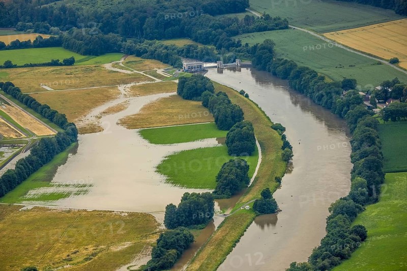 Aerial photo, Ruhr flood, barrage Ense Wickede, flood after heavy rainfall, Waltringen, Ense, Sauerland, North Rhine-Westphalia, Germany, DE, Europe, birds-eyes view, aerial photo, aerial photography, aerial photography, overview, overview, bird's eye view, flood, Möhne, Möesee