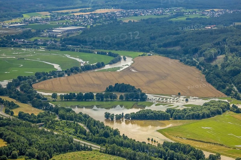 Aerial view, Ruhr flood, flood after heavy rainfall, Waltringen, Ense, Sauerland, North Rhine-Westphalia, Germany, DE, Europe, birds-eyes view, aerial photography, aerial photography, overview, bird's eye view, flood, Möhne, Möhnesee
