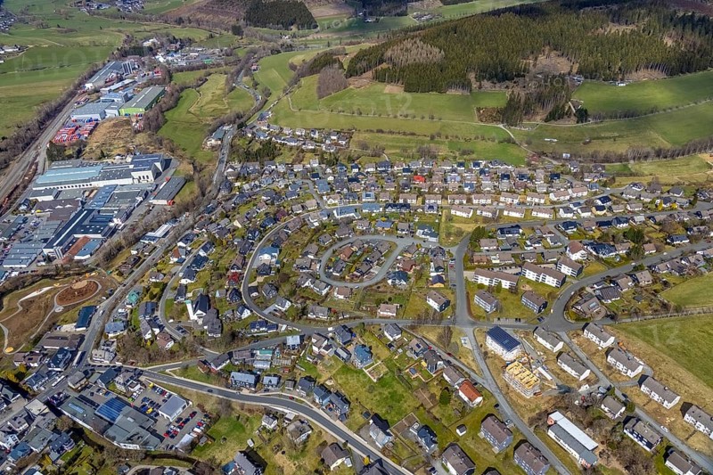 Aerial view, town centre and commercial area Mühlenweg, construction site playground, Auf der Struth landscape conservation area, Erndtebrück, Siegerland, North Rhine-Westphalia, Germany, DE, Europe, aerial view, aerial photography, aerial photography, overview, bird's-eye view, overview